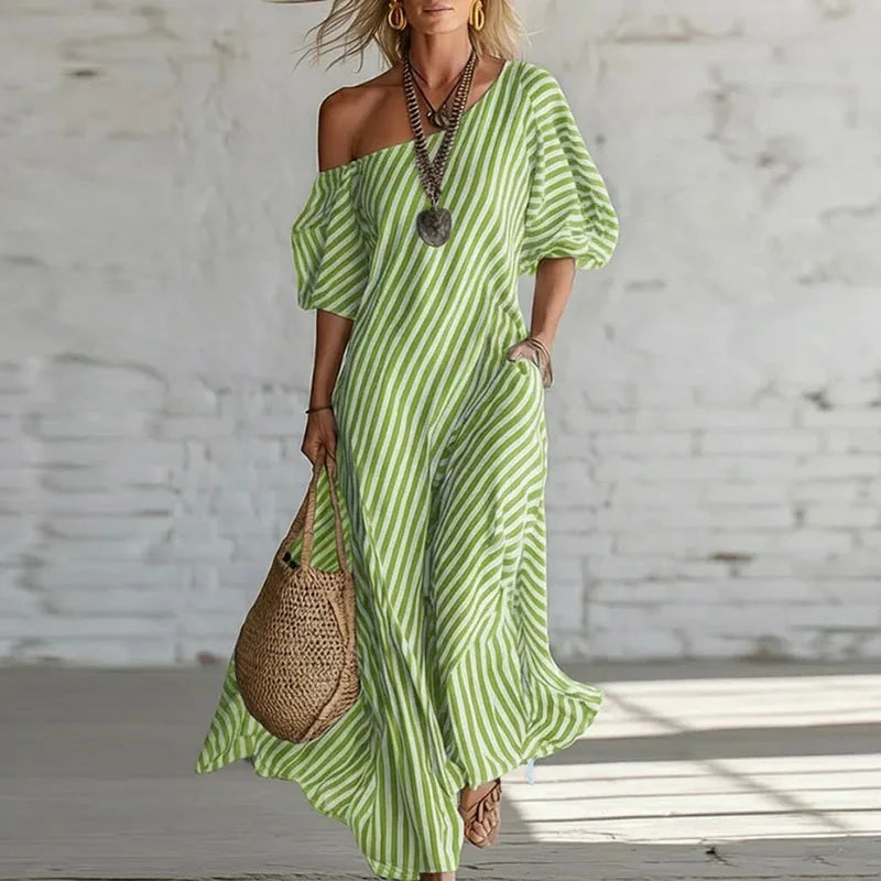 Rosa | Vestido Maxi Rayas Mujer Hombro Descubierto