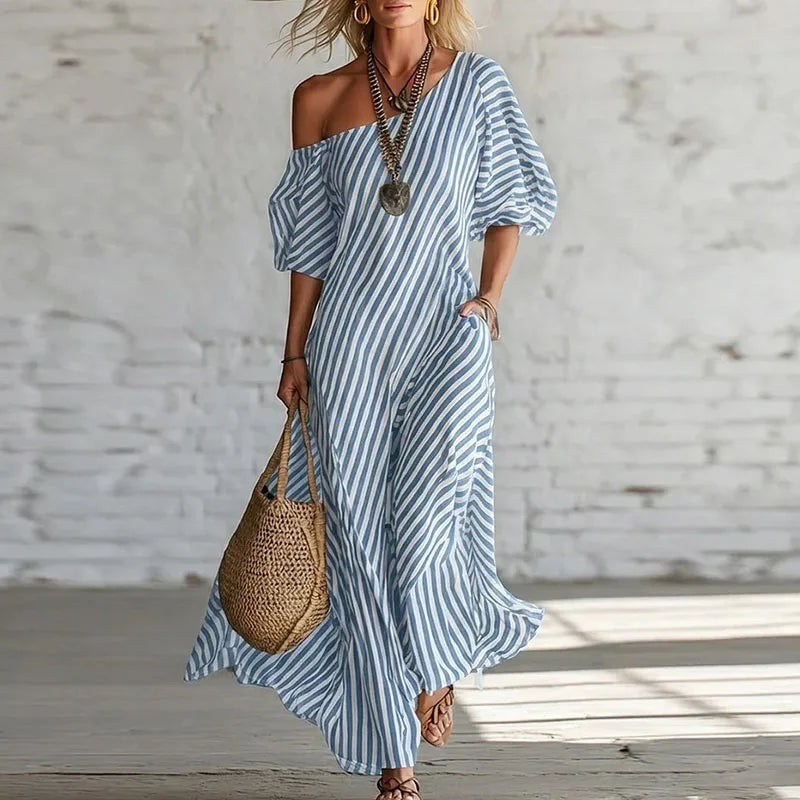 Rosa | Vestido Maxi Rayas Mujer Hombro Descubierto
