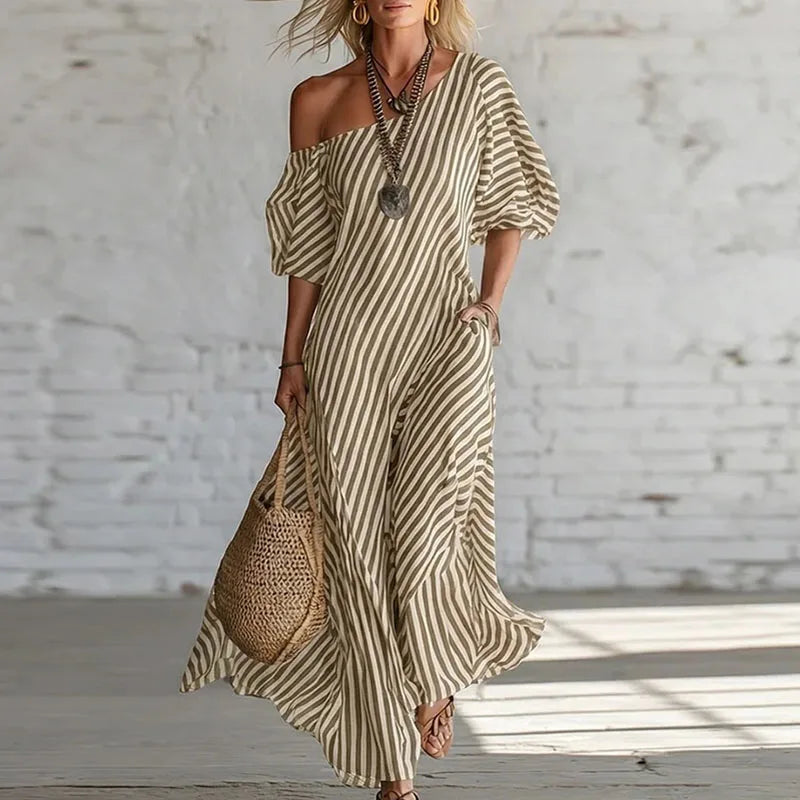 Rosa | Vestido Maxi Rayas Mujer Hombro Descubierto