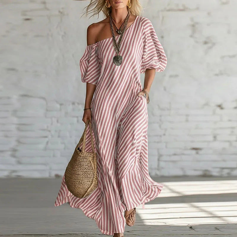Rosa | Vestido Maxi Rayas Mujer Hombro Descubierto