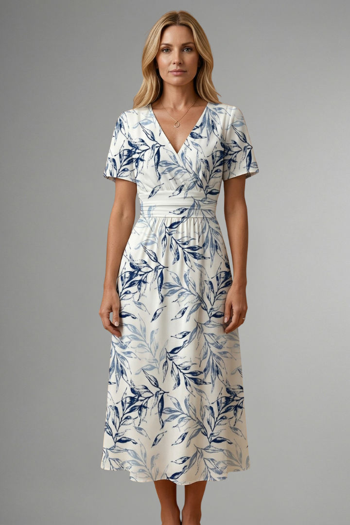 Rosa | Vestido Midi Mujer Estampado Hojas Blanco