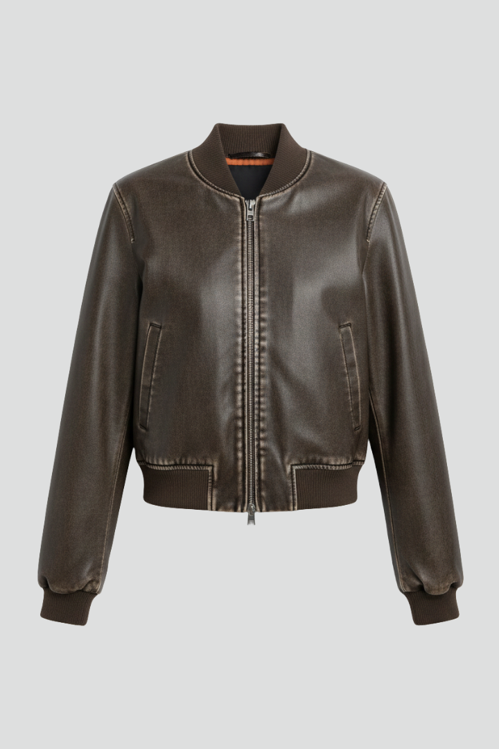 Sara | Chaqueta Bomber de Cuero Marrón Ajustada con Cremallera
