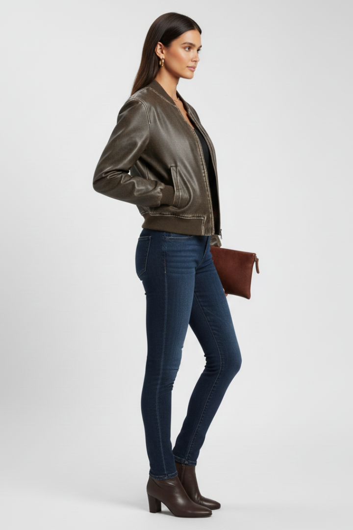 Sara | Chaqueta Bomber de Cuero Marrón Ajustada con Cremallera