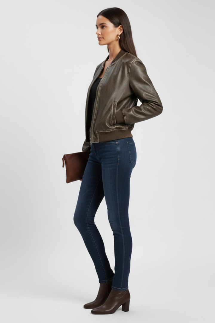 Sara | Chaqueta Bomber de Cuero Marrón Ajustada con Cremallera