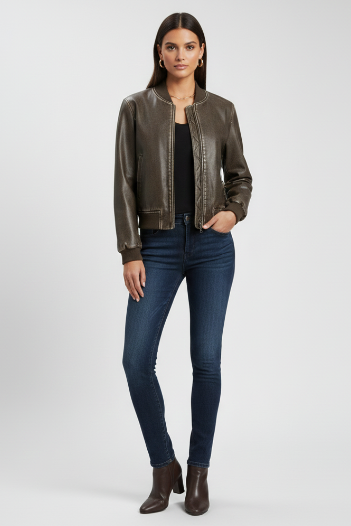 Sara | Chaqueta Bomber de Cuero Marrón Ajustada con Cremallera