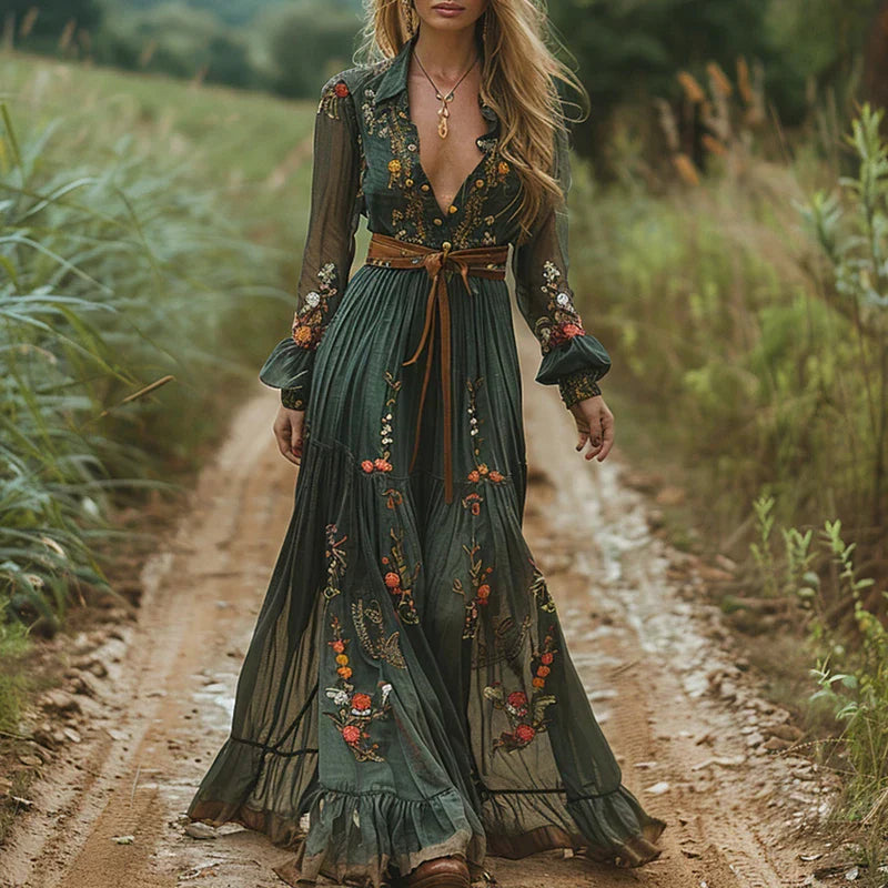 Sara | Vestido Maxi Mujer Bordados Florales Midi