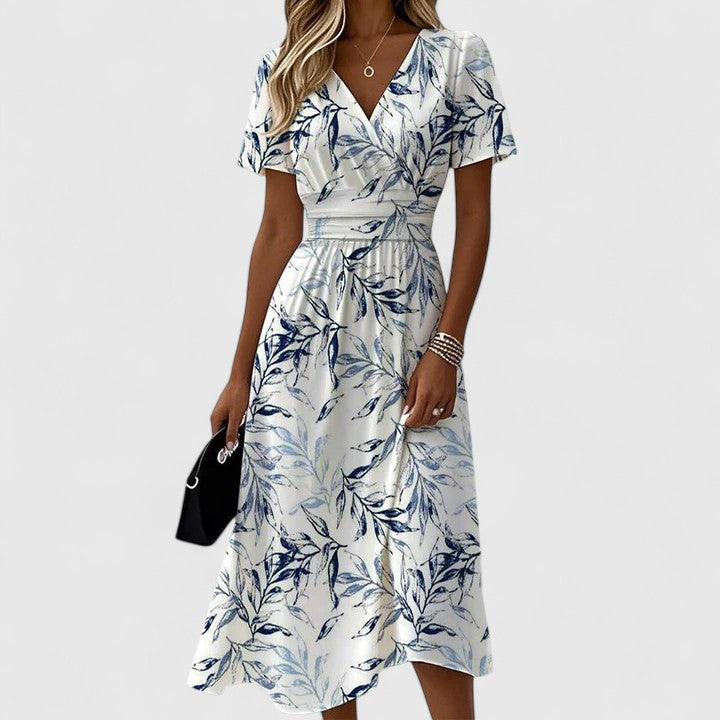 Sara | Vestido Midi Mujer Estampado Hojas Blanco