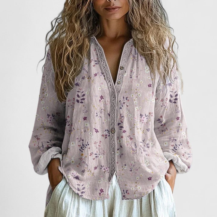 Sofía | Blusa Floral Violeta Manga Larga Cuello V