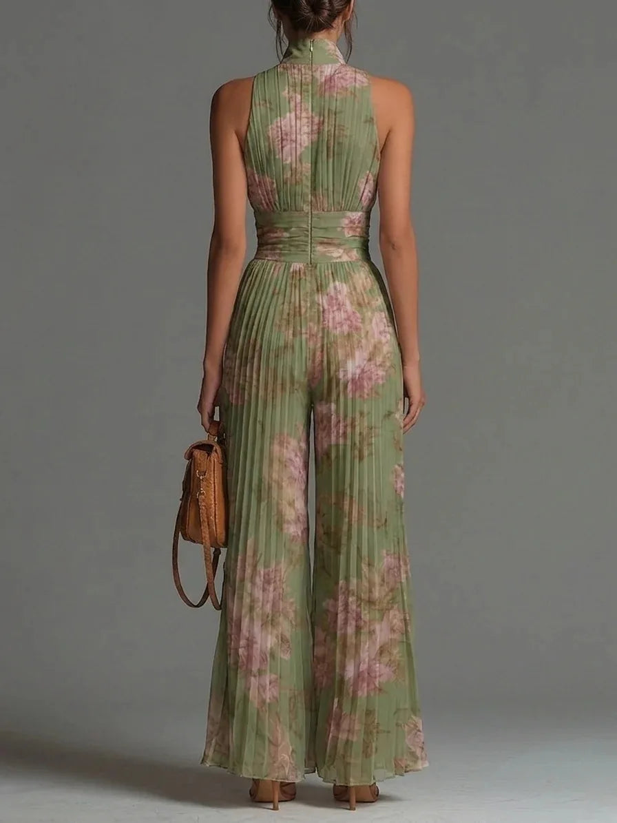 Sofía | Mono Halter Floral Plisado Palazzo Pierna Ancha