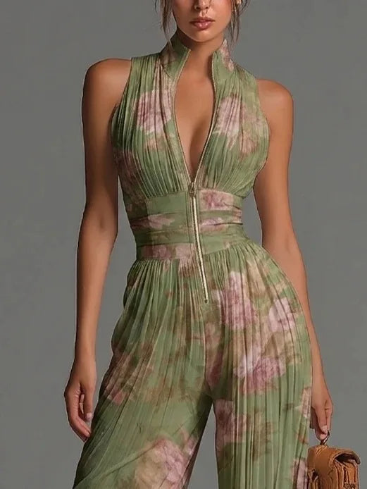 Sofía | Mono Halter Floral Plisado Palazzo Pierna Ancha