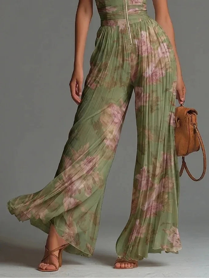 Sofía | Mono Halter Floral Plisado Palazzo Pierna Ancha