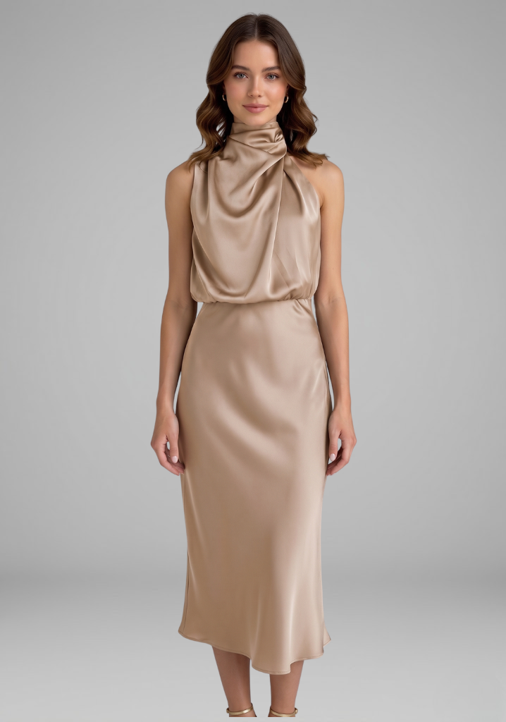 Sofía | Vestido Midi Satén Cuello Drapeado Mujer