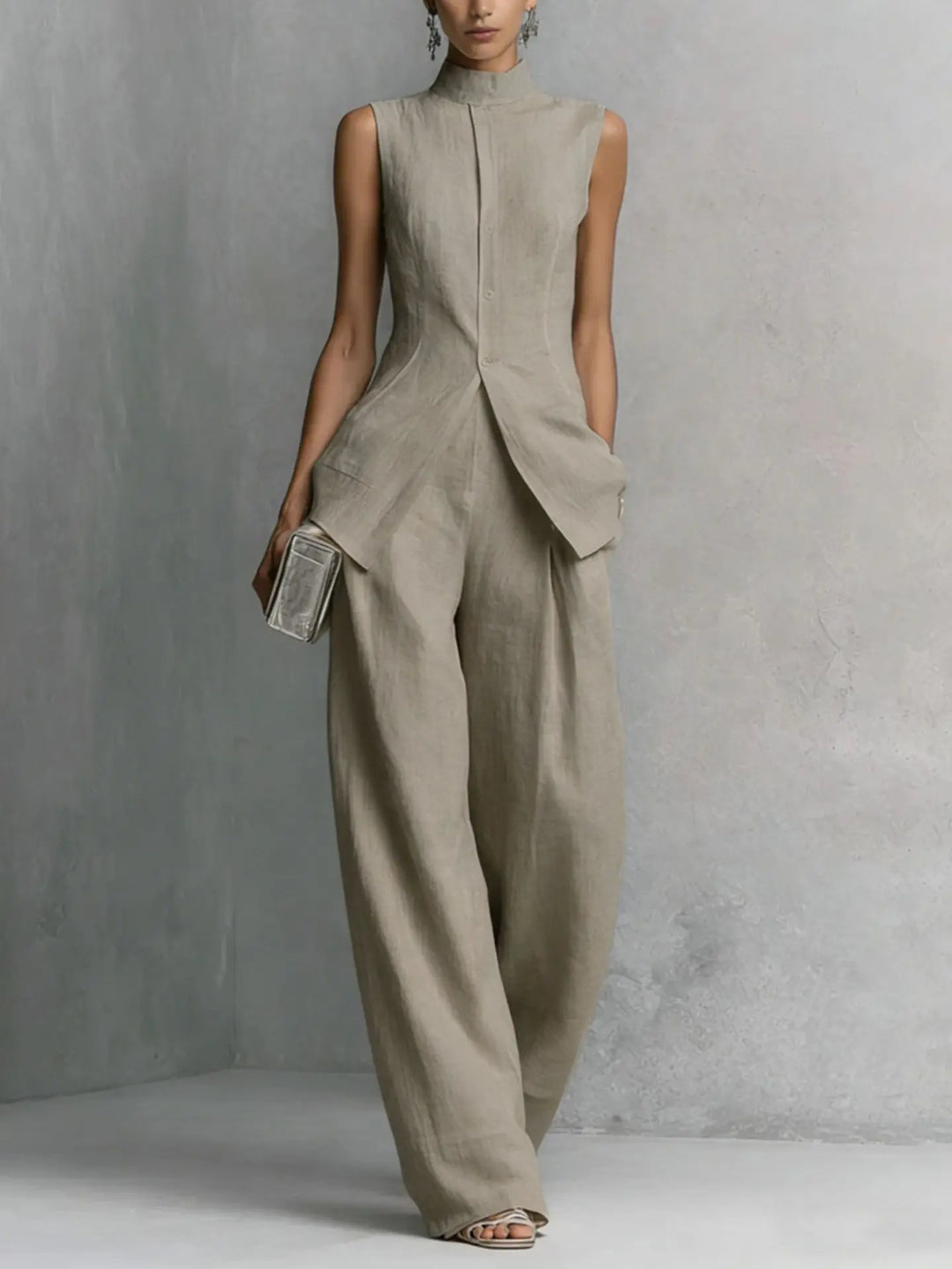 Teresa | Conjunto Chaleco Cuello Botones Sin Mangas Pantalón Ancho
