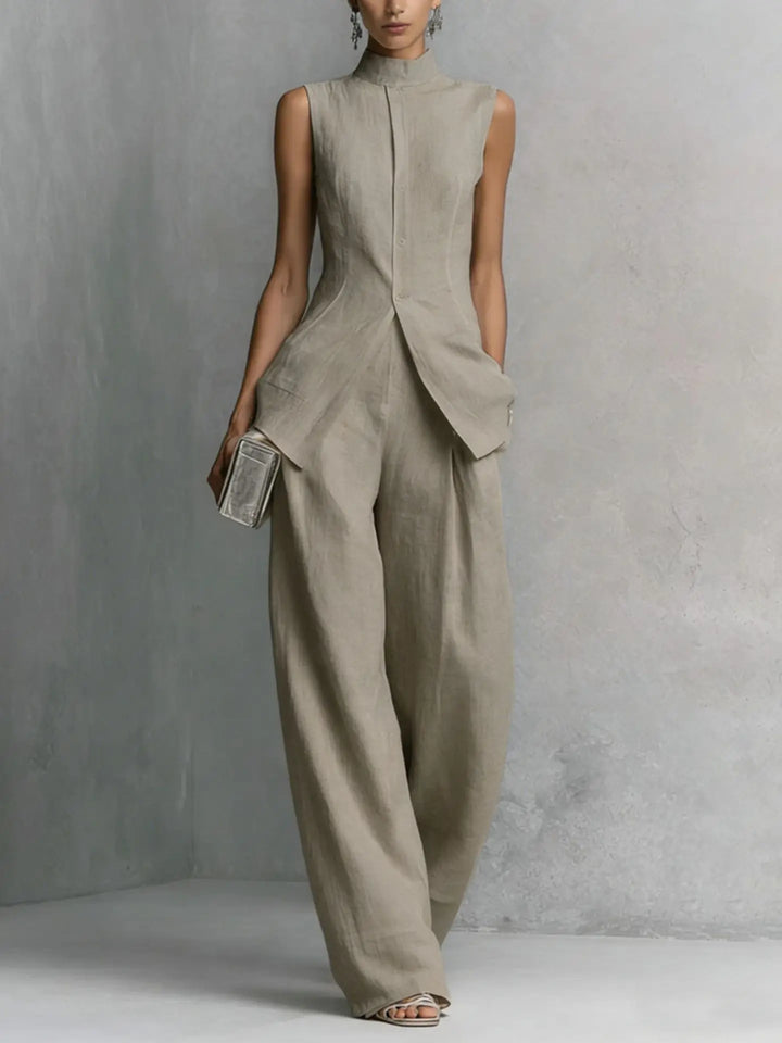 Teresa | Conjunto Chaleco Cuello Botones Sin Mangas Pantalón Ancho