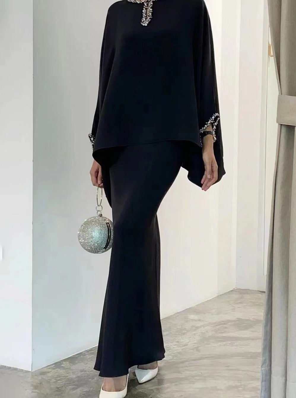 Valentina | Conjunto Vestido Midi Mujer Negro Pedrería