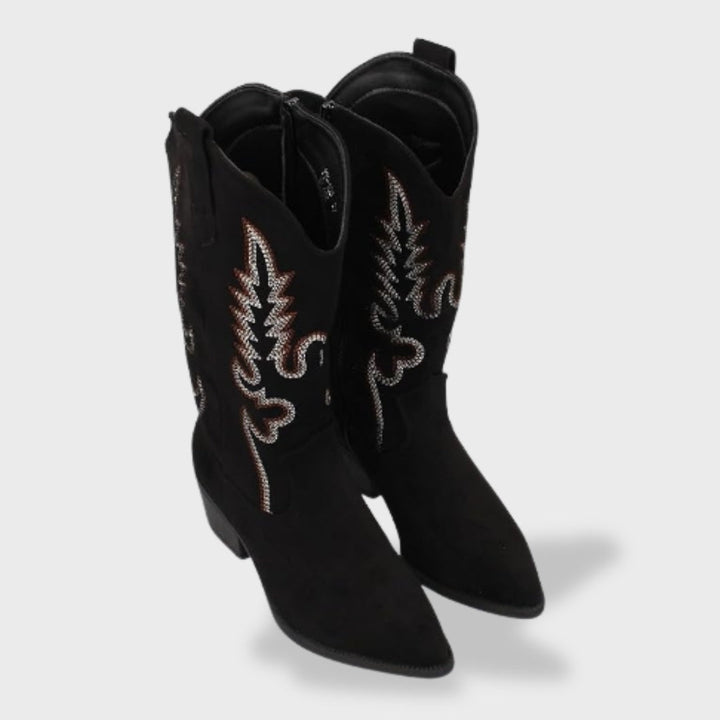 Valeria | Botas Cowboy Mujer de Gamuza con Bordado y Tacón Ancho