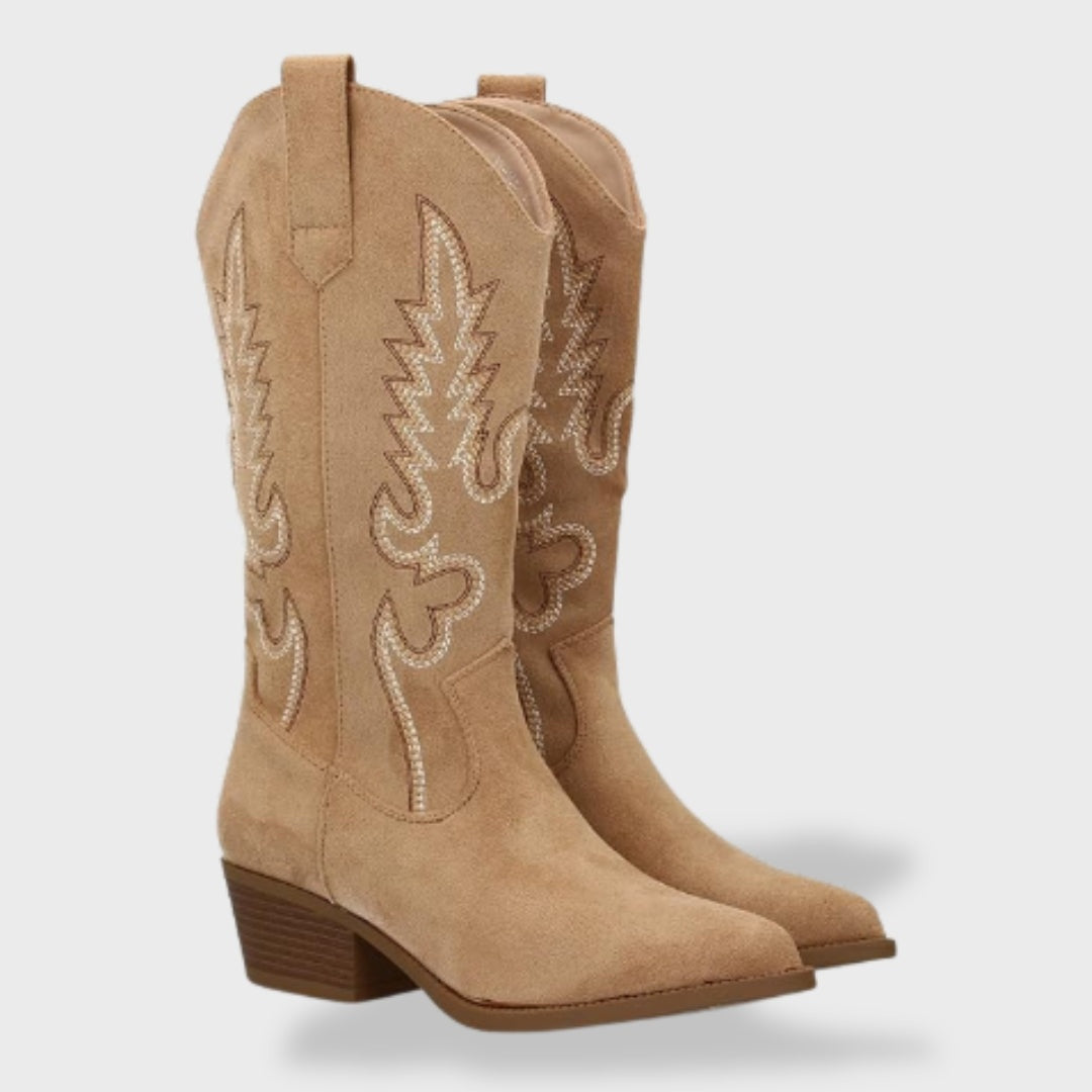 Valeria | Botas Cowboy Mujer de Gamuza con Bordado y Tacón Ancho