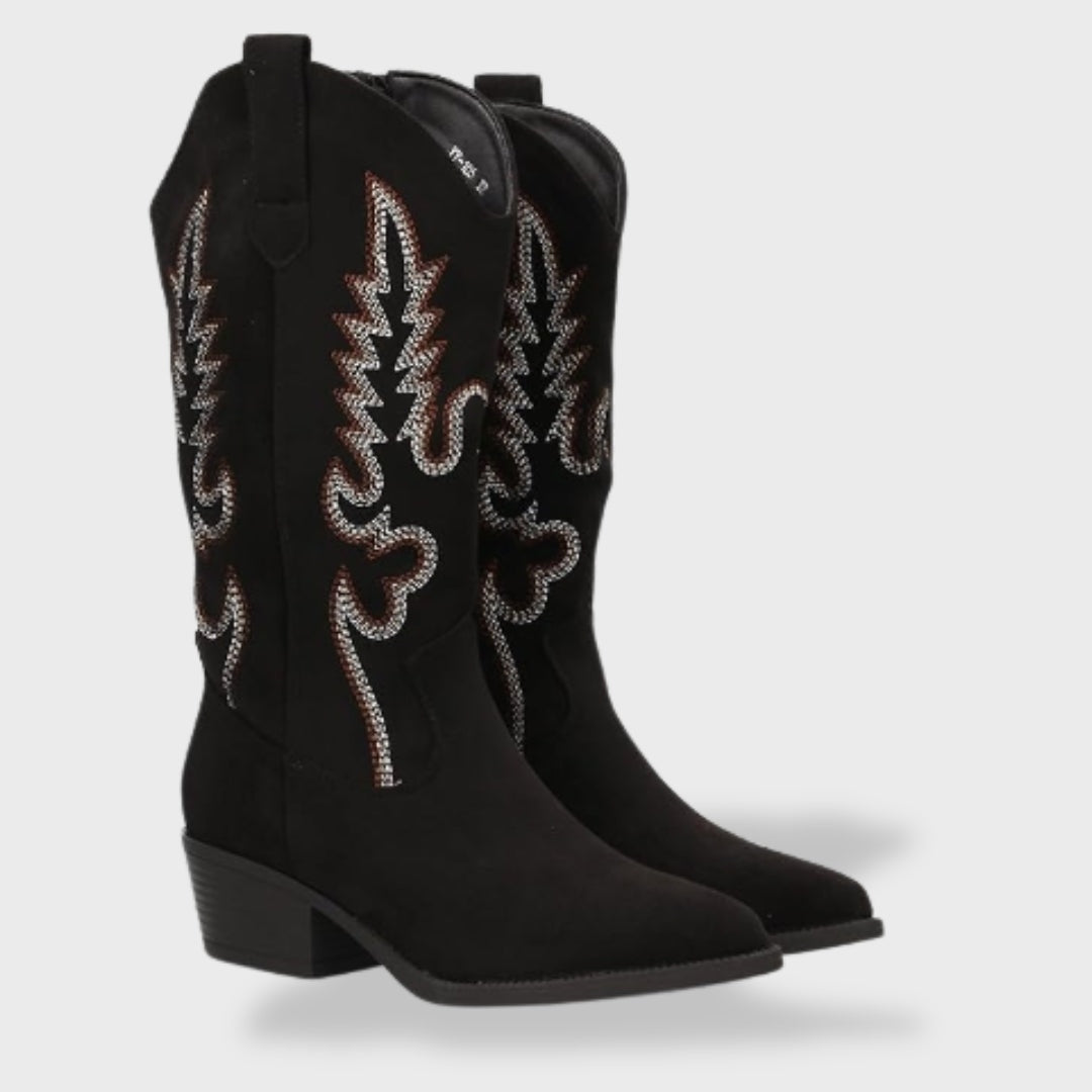 Valeria | Botas Cowboy Mujer de Gamuza con Bordado y Tacón Ancho