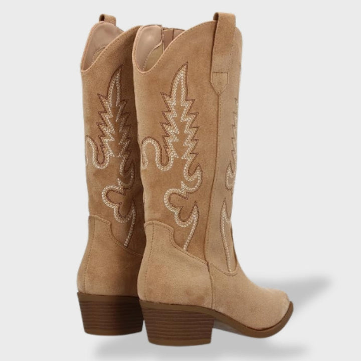 Valeria | Botas Cowboy Mujer de Gamuza con Bordado y Tacón Ancho