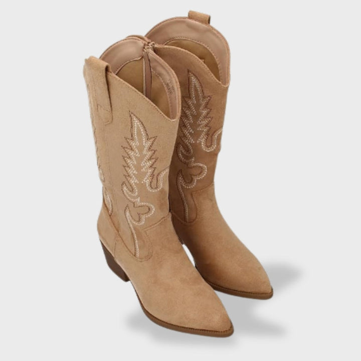 Valeria | Botas Cowboy Mujer de Gamuza con Bordado y Tacón Ancho