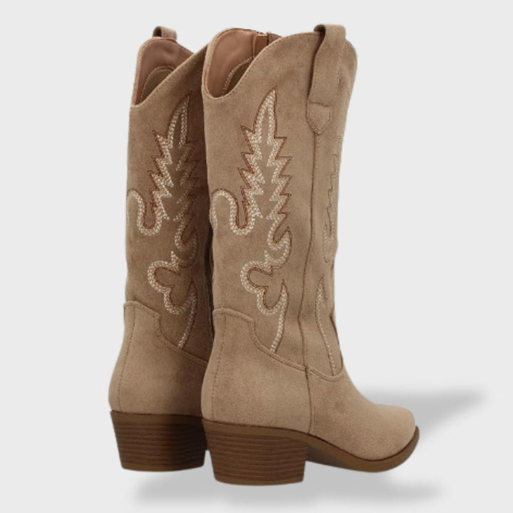Valeria | Botas Cowboy Mujer de Gamuza con Bordado y Tacón Ancho