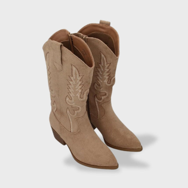 Valeria | Botas Cowboy Mujer de Gamuza con Bordado y Tacón Ancho