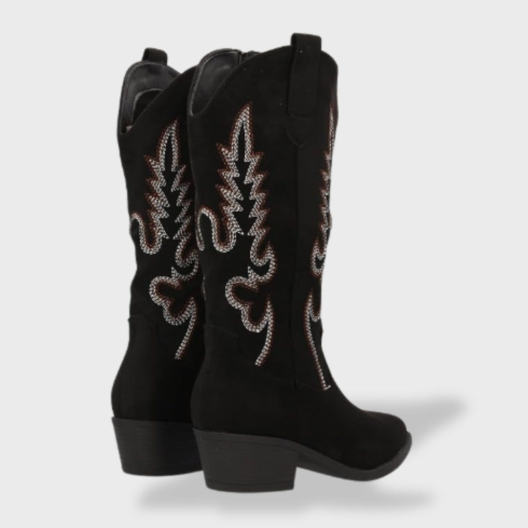 Valeria | Botas Cowboy Mujer de Gamuza con Bordado y Tacón Ancho