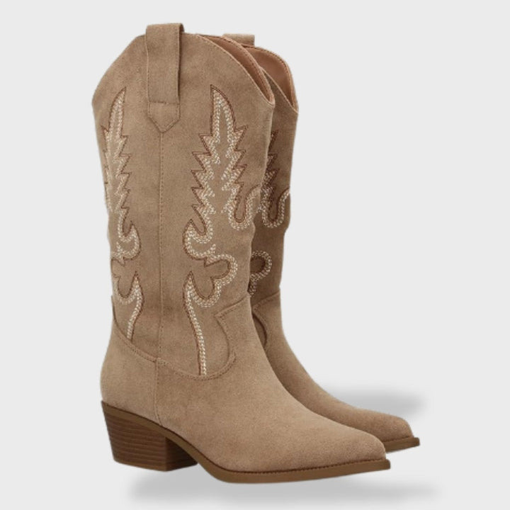Valeria | Botas Cowboy Mujer de Gamuza con Bordado y Tacón Ancho