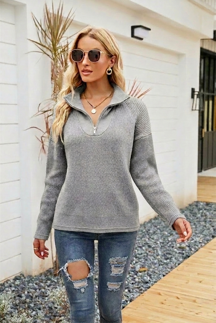 Valeria | Jersey Mujer Cuello Camisa Cremallera Manga Larga
