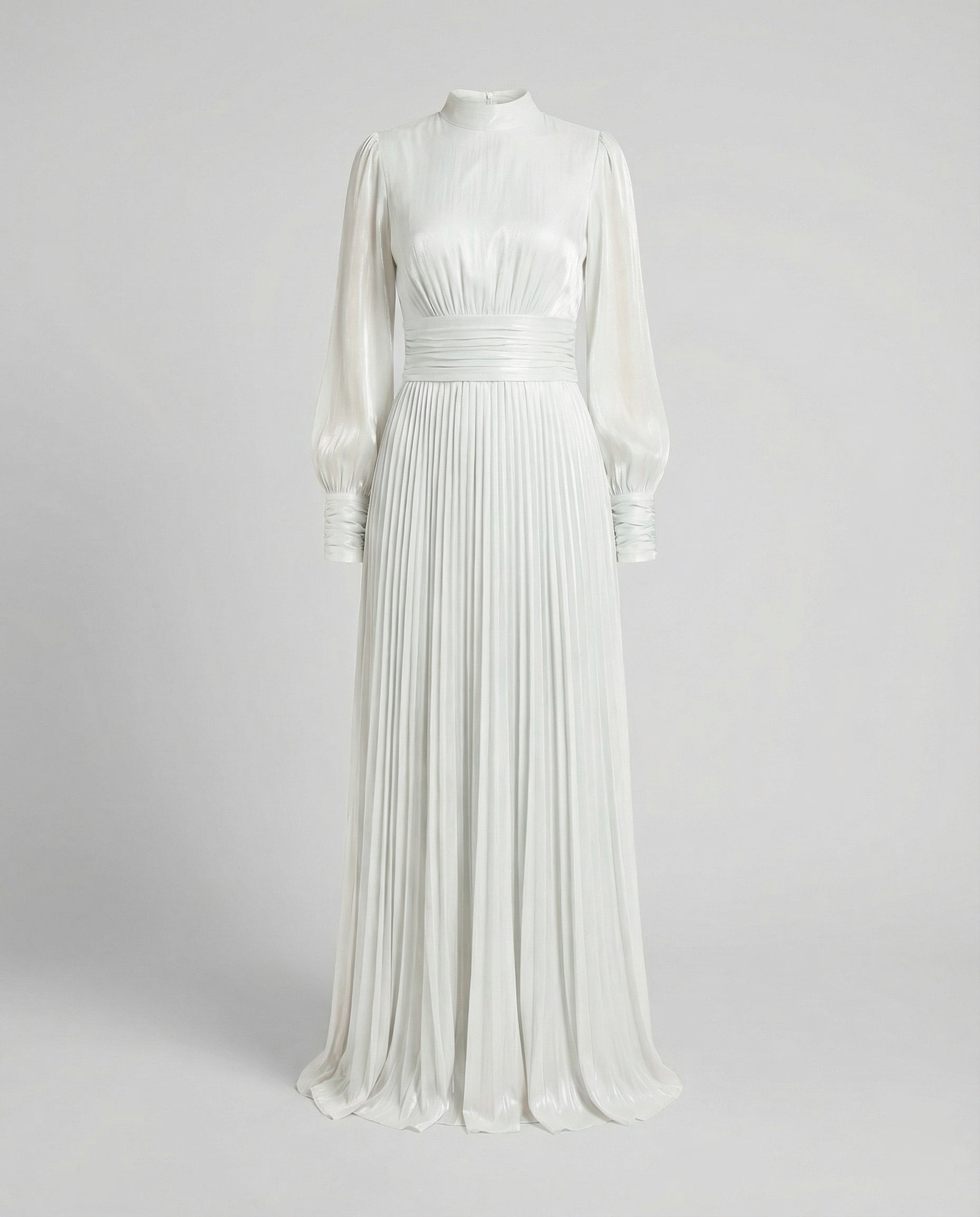 Valeria | Vestido Blanco Maxi Plisado Manga Larga