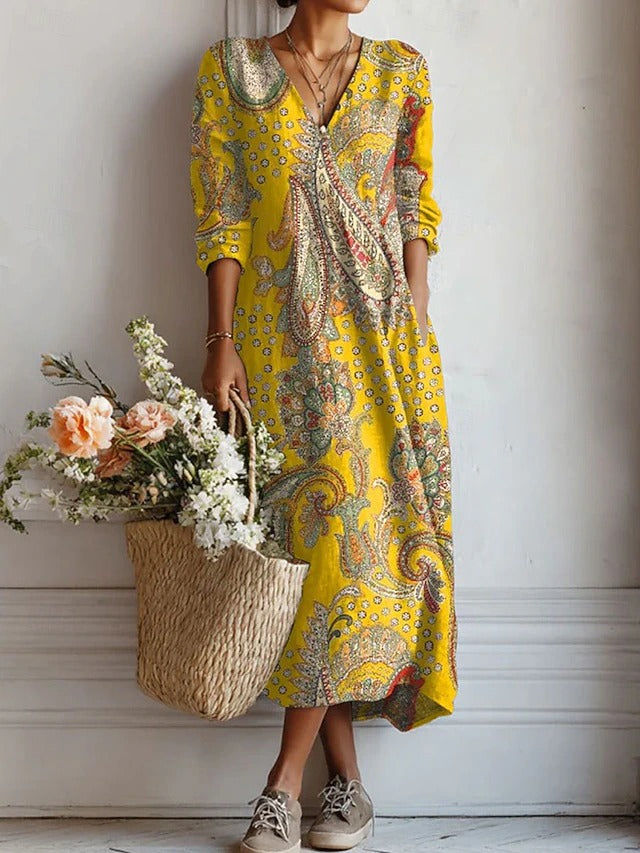 Valeria | Vestido Midi Mujer Estampado Paisley Amarillo