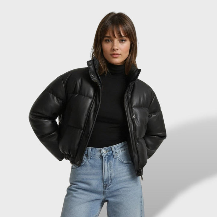 Isabella | Chaqueta Acolchada Cropped de Piel Sintética Negra