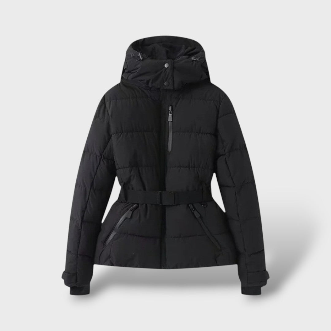 María | Chaqueta Acolchada Capucha Cinturón Estampado Geométrico
