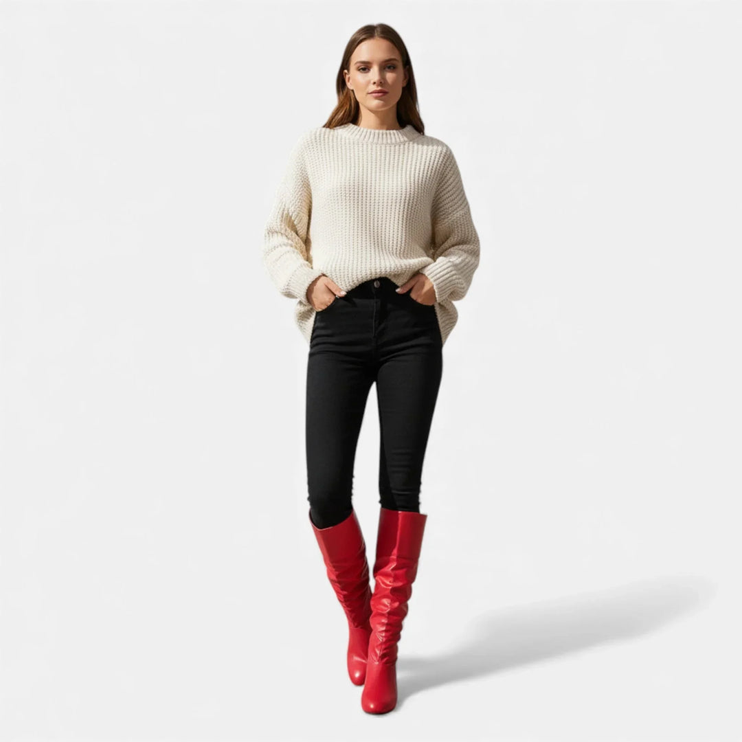 Sara | Botas Altas Rojas Tacón Bajo Puntera Fina