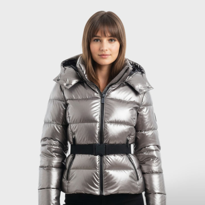 María | Chaqueta Acolchada Capucha Cinturón Estampado Geométrico