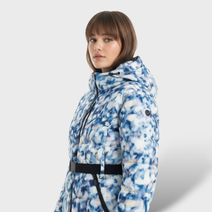 María | Chaqueta Acolchada Capucha Cinturón Estampado Geométrico