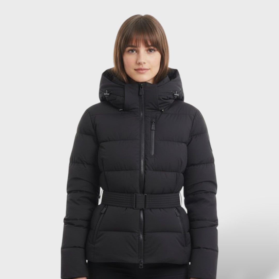 María | Chaqueta Acolchada Capucha Cinturón Estampado Geométrico