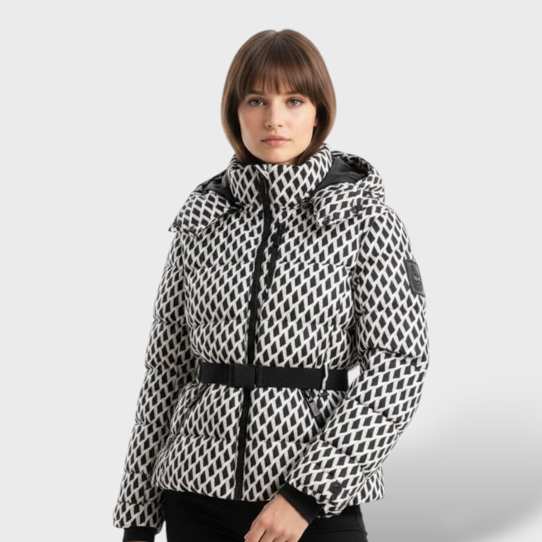 María | Chaqueta Acolchada Capucha Cinturón Estampado Geométrico
