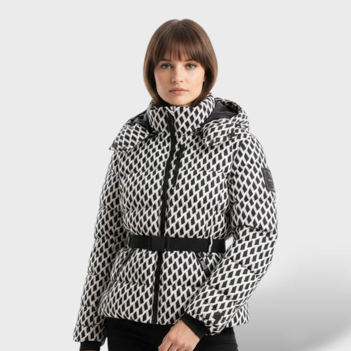 María | Chaqueta Acolchada Capucha Cinturón Estampado Geométrico