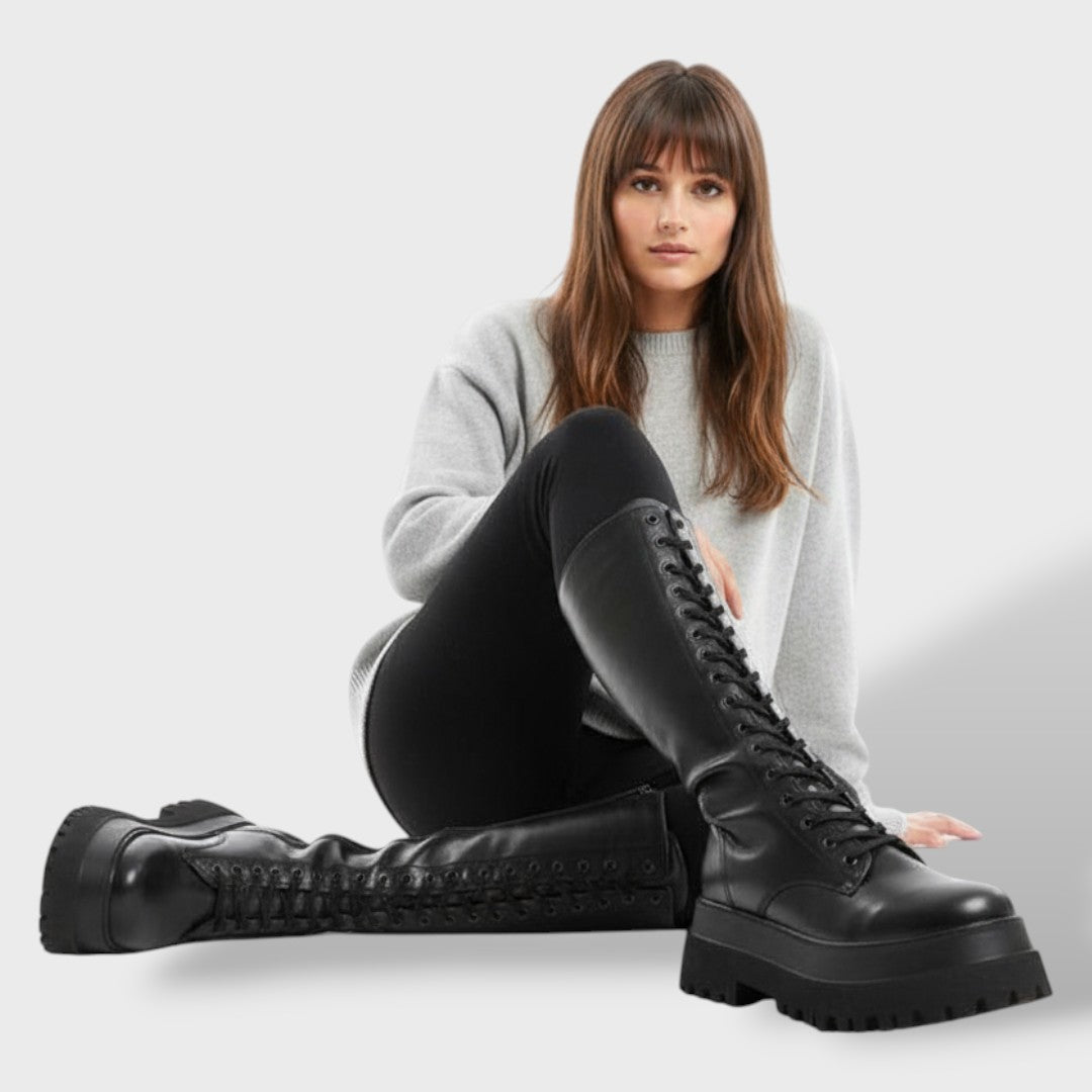 Valeria | Botas Militares Mujer Plataforma Cordones Cuero Negro