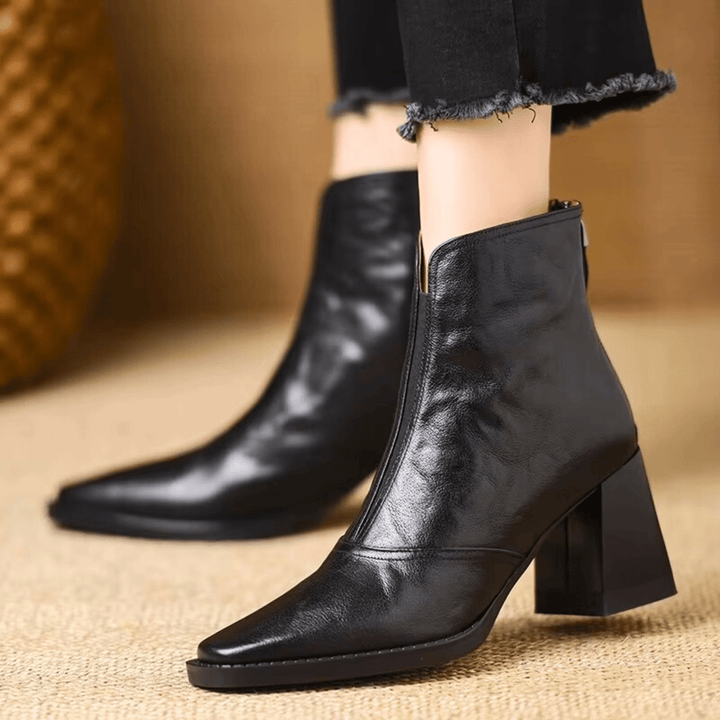Pilar | Botines de Piel Tacón Cuadrado