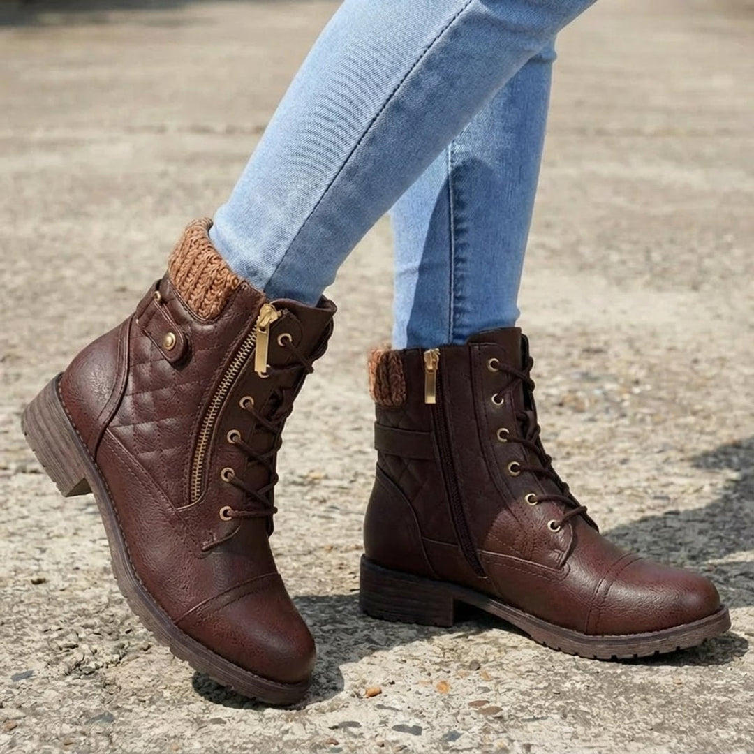 María | Botines Acolchados de Piel Sintética con Cordones y Tacón Bajo