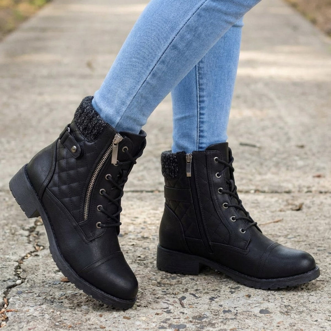 María | Botines Acolchados de Piel Sintética con Cordones y Tacón Bajo