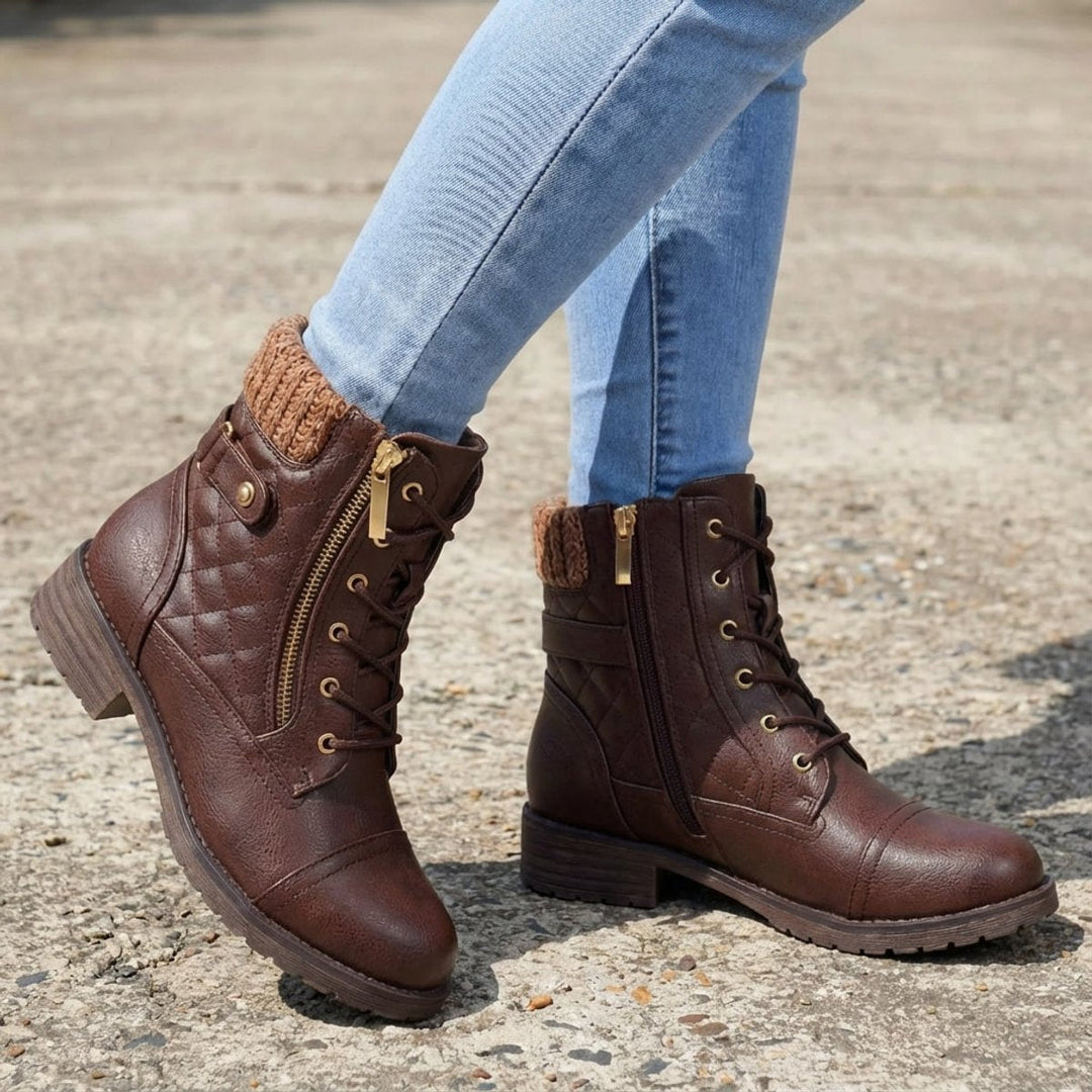 María | Botines Acolchados de Piel Sintética con Cordones y Tacón Bajo